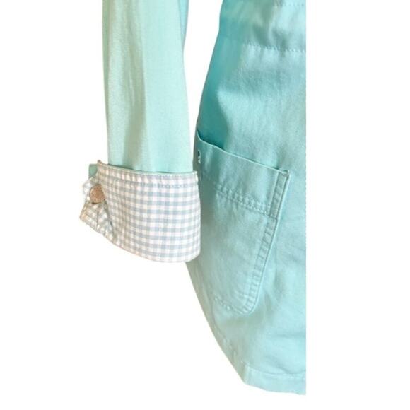 Denim & Co. 1990s Light Aqua Cotton Jacket, Size M  Gingham Lined Cuffs - Picture 2 of 6